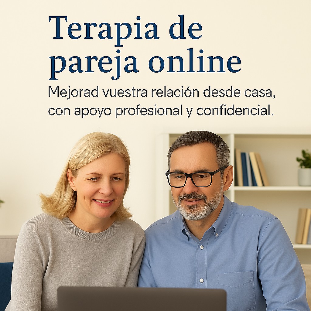 Pareja de mediana edad sonriendo mientras realizan una videollamada desde el sofá de su casa, acompañada del texto promocional: “Terapia de pareja online. Mejorad vuestra relación desde casa, con apoyo profesional y confidencial”