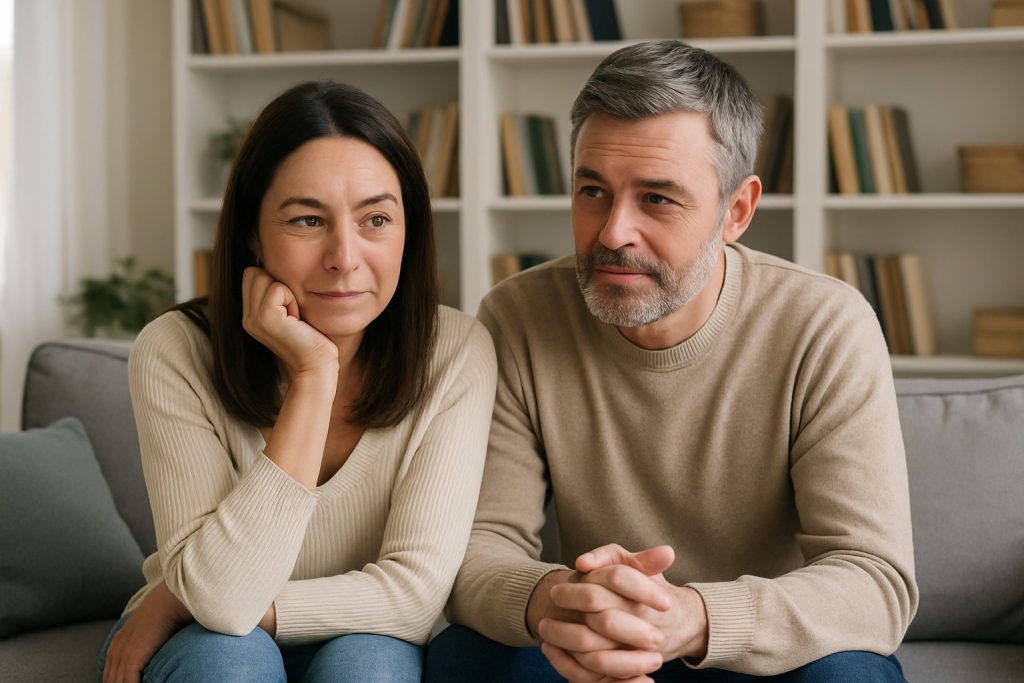Parella de mitjana edat asseguda al sofà, en actitud reflexiva i tranquil·la, en un entorn càlid amb prestatgeries de fons. Imatge per il·lustrar situacions quotidianes treballades a la teràpia de parella online.
